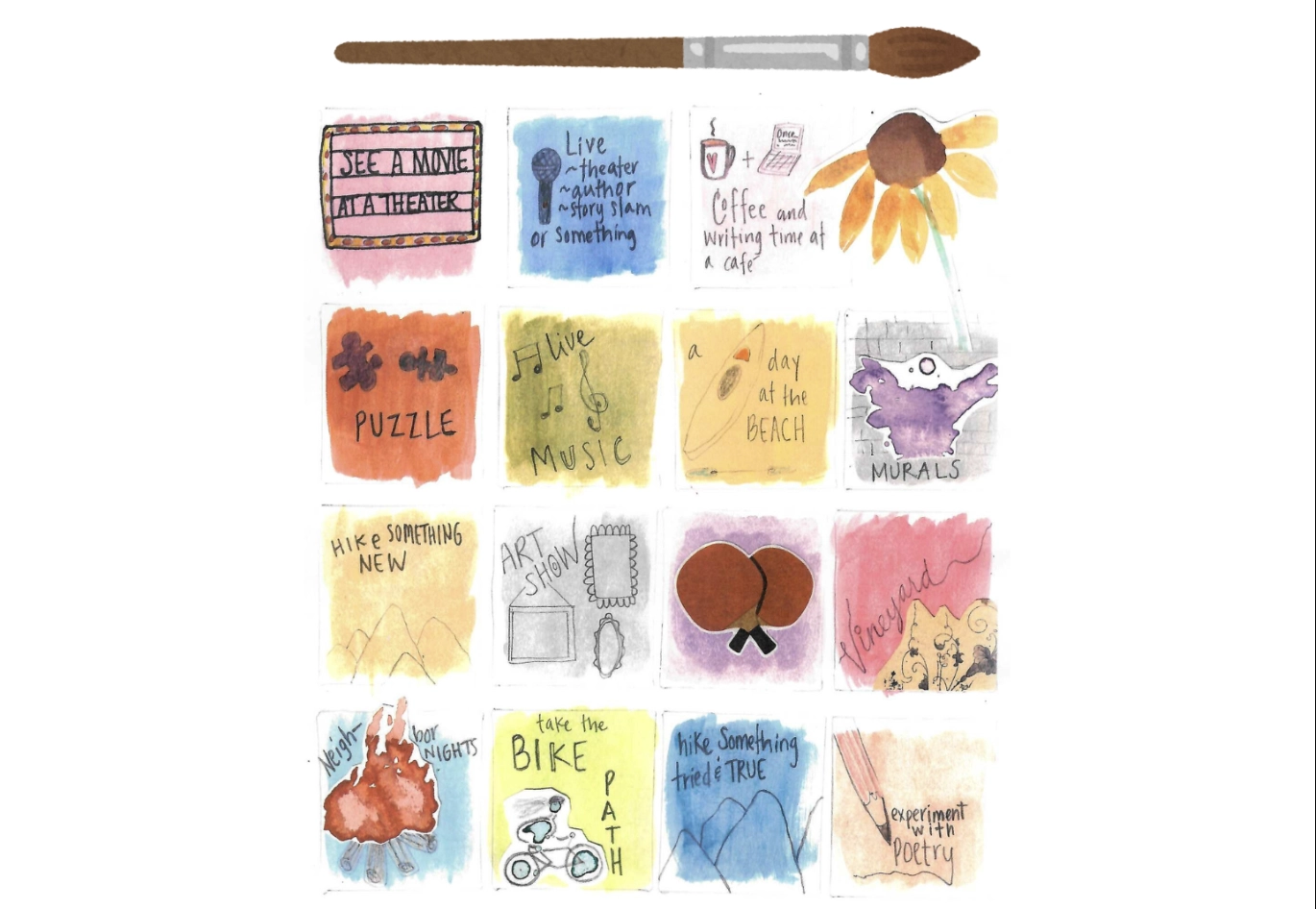 Watercolored "bingo" card with paintbrush at top
